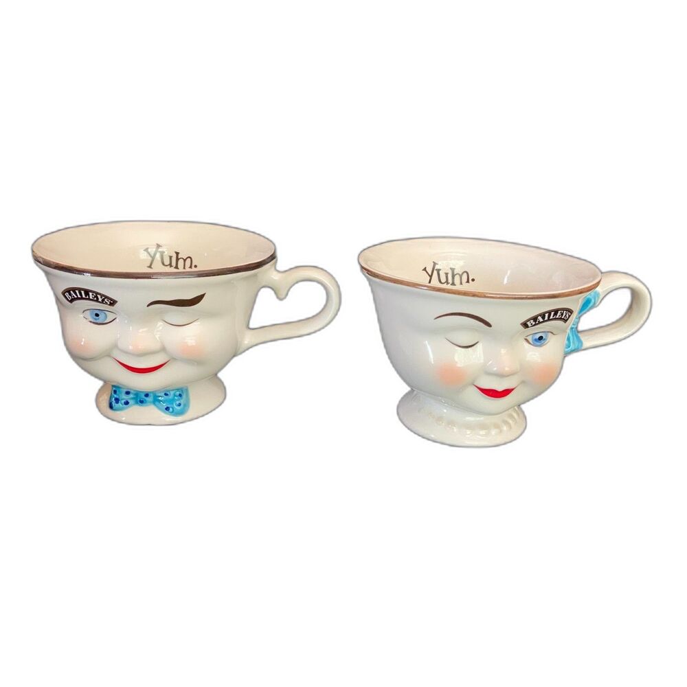 VTG Baileys Irish Cream YUM Mugs His & Hers Winking Face 2 Pc Cup Set 4”